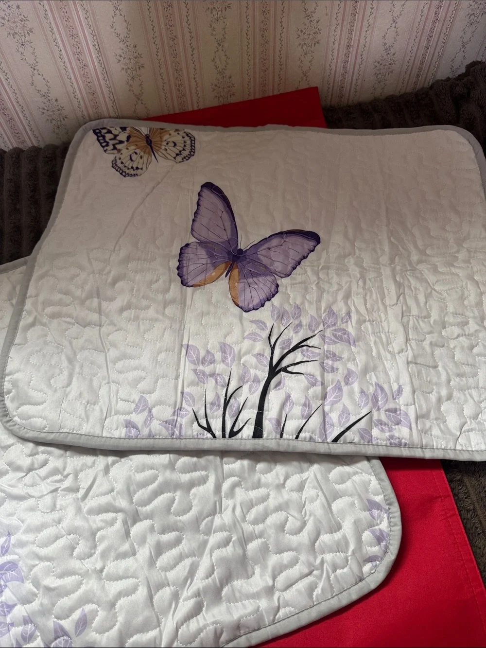 Quilted Butterfly Bed Runner Set - White with Purple Accents
